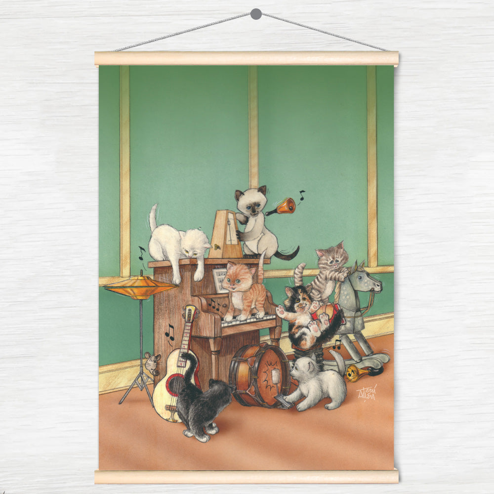 Friendly Kritters Wall Art Print - Cats in a Band - 17.5x24 - Hand Drawn - Wood Frame Hanger