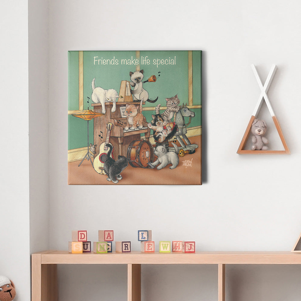 Friendly Kritters Wall Art Print - Cats in a Band - 16x16 - Hand Drawn - Canvas