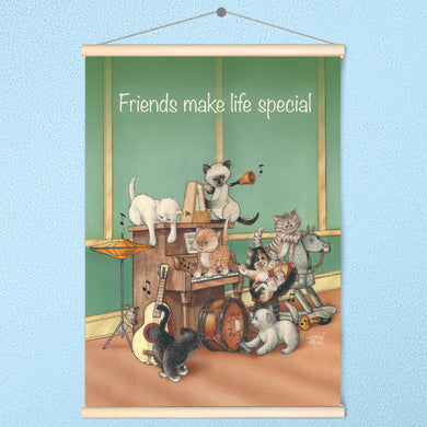 Friendly Kritters Wall Art Print - Cats in a Band - 17.5x24 - Hand Drawn - Wood Frame Hanger