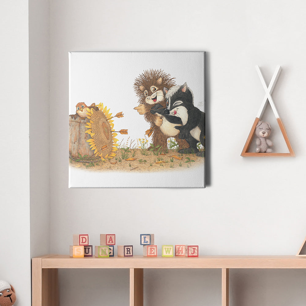 Friendly Kritters Wall Art Print - Skunk and Porcupine Throwing Darts - 16x16 - Hand Drawn - Canvas