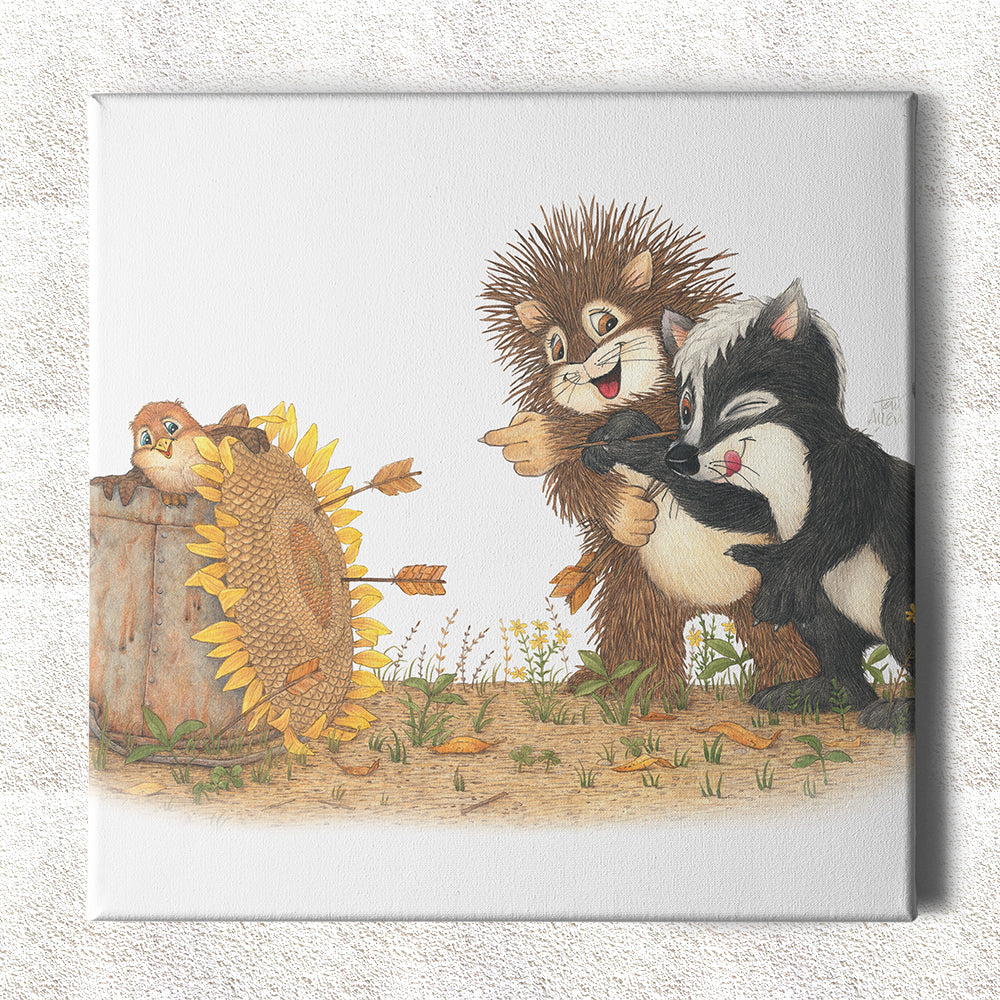 Friendly Kritters Wall Art Print - Skunk and Porcupine Throwing Darts - 16x16 - Hand Drawn - Canvas