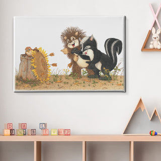 Friendly Kritters Wall Art Print - Skunk and Porcupine Throwing Darts - 24x36 - Hand Drawn - Canvas