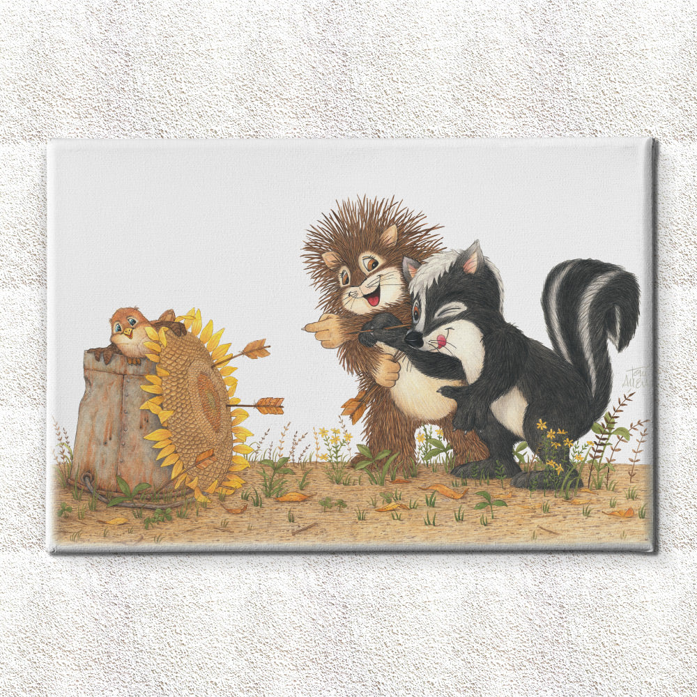 Friendly Kritters Wall Art Print - Skunk and Porcupine Throwing Darts - 24x36 - Hand Drawn - Canvas