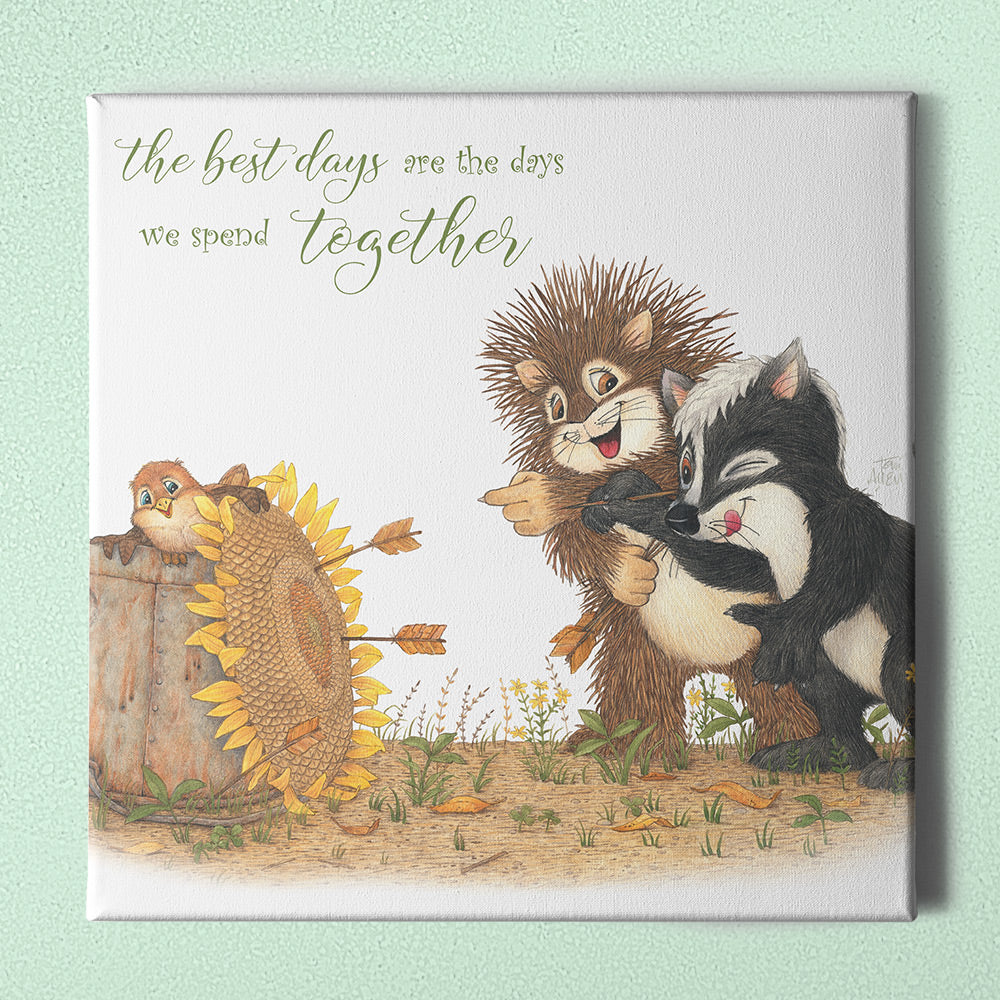 Friendly Kritters Wall Art Print - Skunk and Porcupine Throwing Darts - 16x16 - Hand Drawn - Canvas