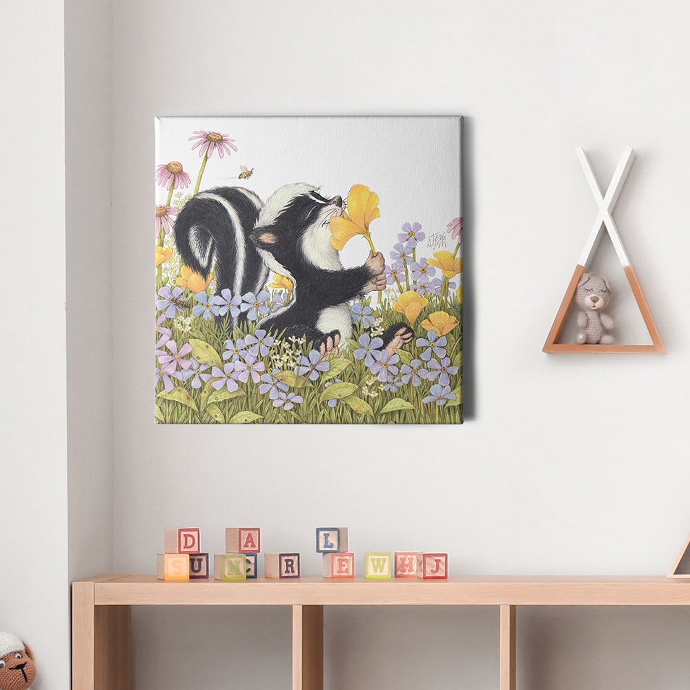 Friendly Kritters Wall Art Print - Skunk Smelling Flowers - 16x16 - Hand Drawn - Canvas