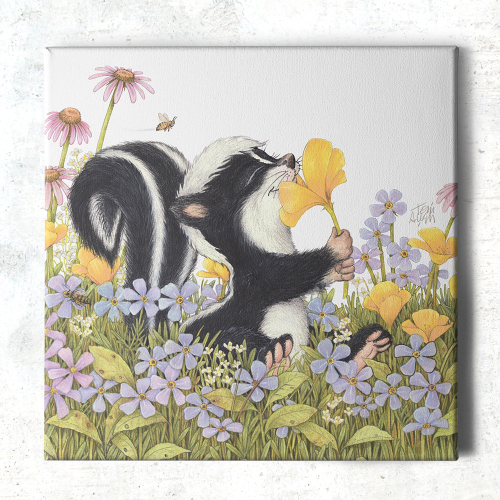 Friendly Kritters Wall Art Print - Skunk Smelling Flowers - 16x16 - Hand Drawn - Canvas