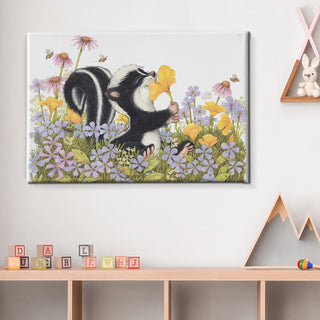 Friendly Kritters Wall Art Print - Skunk Smelling Flowers - 24x36 - Hand Drawn - Canvas