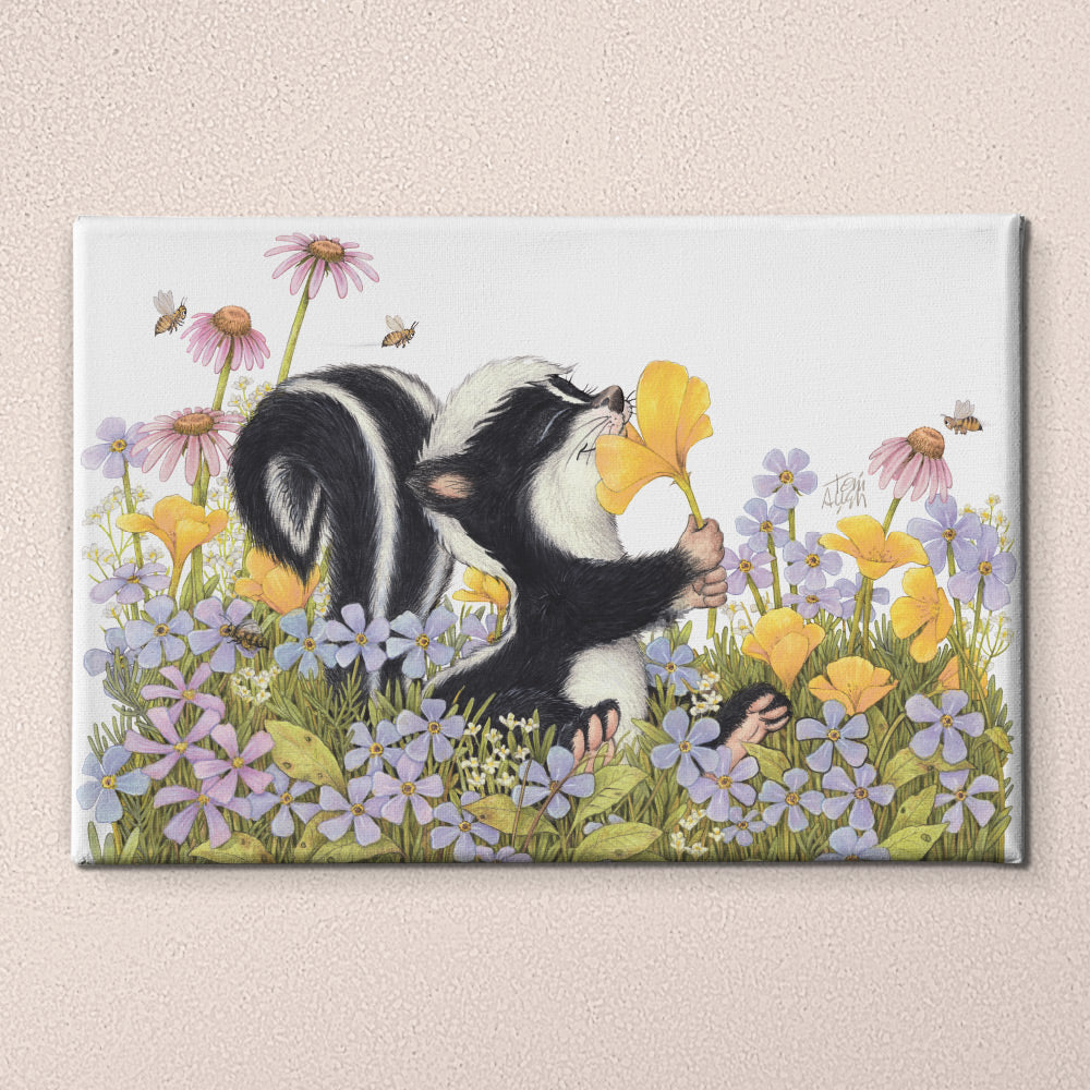 Friendly Kritters Wall Art Print - Skunk Smelling Flowers - 24x36 - Hand Drawn - Canvas