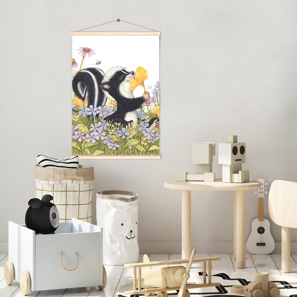 Friendly Kritters Wall Art Print - Skunk Smelling Flowers - 17.5x24 - Hand Drawn - Wood Frame Hanger