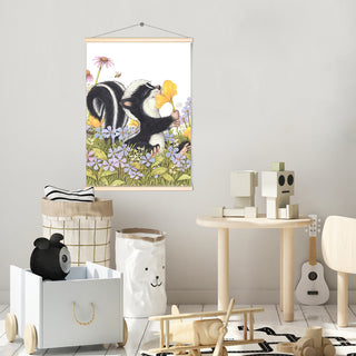 Friendly Kritters Wall Art Print - Skunk Smelling Flowers - 17.5x24 - Hand Drawn - Wood Frame Hanger
