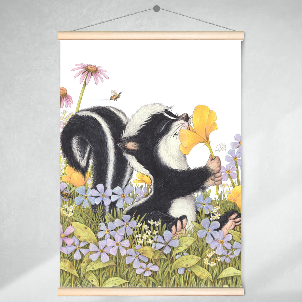 Friendly Kritters Wall Art Print - Skunk Smelling Flowers - 17.5x24 - Hand Drawn - Wood Frame Hanger