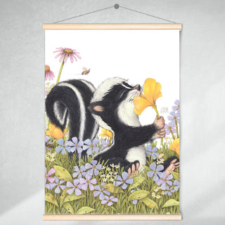 Friendly Kritters Wall Art Print - Skunk Smelling Flowers - 17.5x24 - Hand Drawn - Wood Frame Hanger