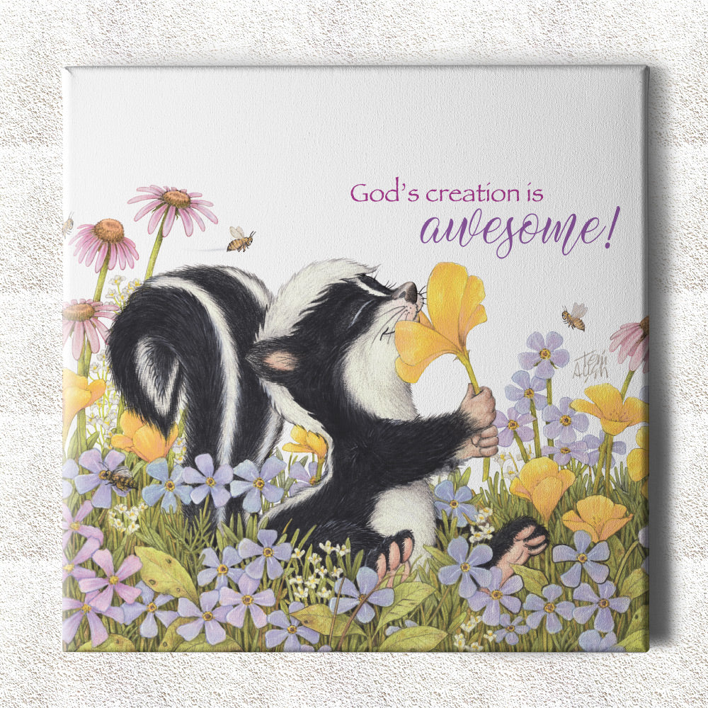 Friendly Kritters Wall Art Print - Skunk Smelling Flowers - 16x16 - Hand Drawn - Canvas