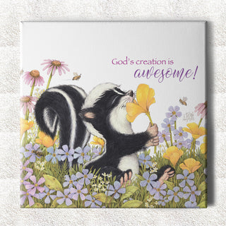 Friendly Kritters Wall Art Print - Skunk Smelling Flowers - 16x16 - Hand Drawn - Canvas