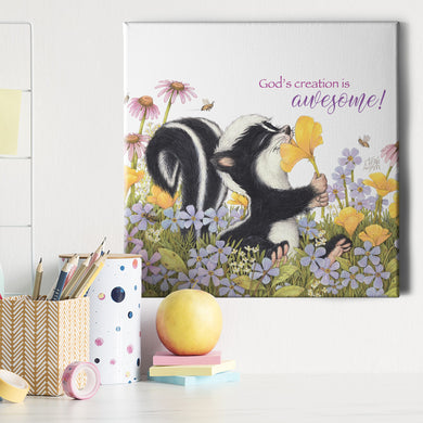 Friendly Kritters Wall Art Print - Skunk Smelling Flowers - 16x16 - Hand Drawn - Canvas