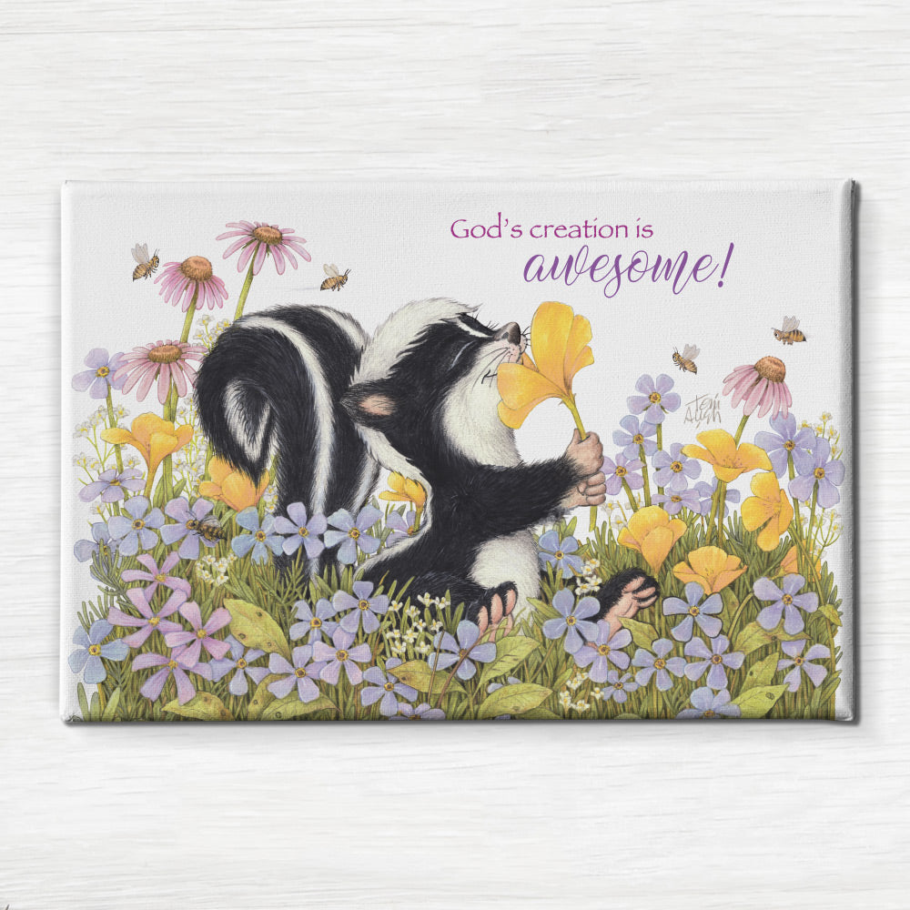 Friendly Kritters Wall Art Print - Skunk Smelling Flowers - 24x36 - Hand Drawn - Canvas