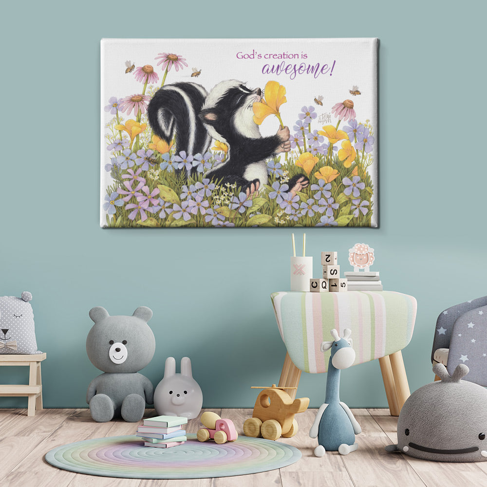 Friendly Kritters Wall Art Print - Skunk Smelling Flowers - 24x36 - Hand Drawn - Canvas