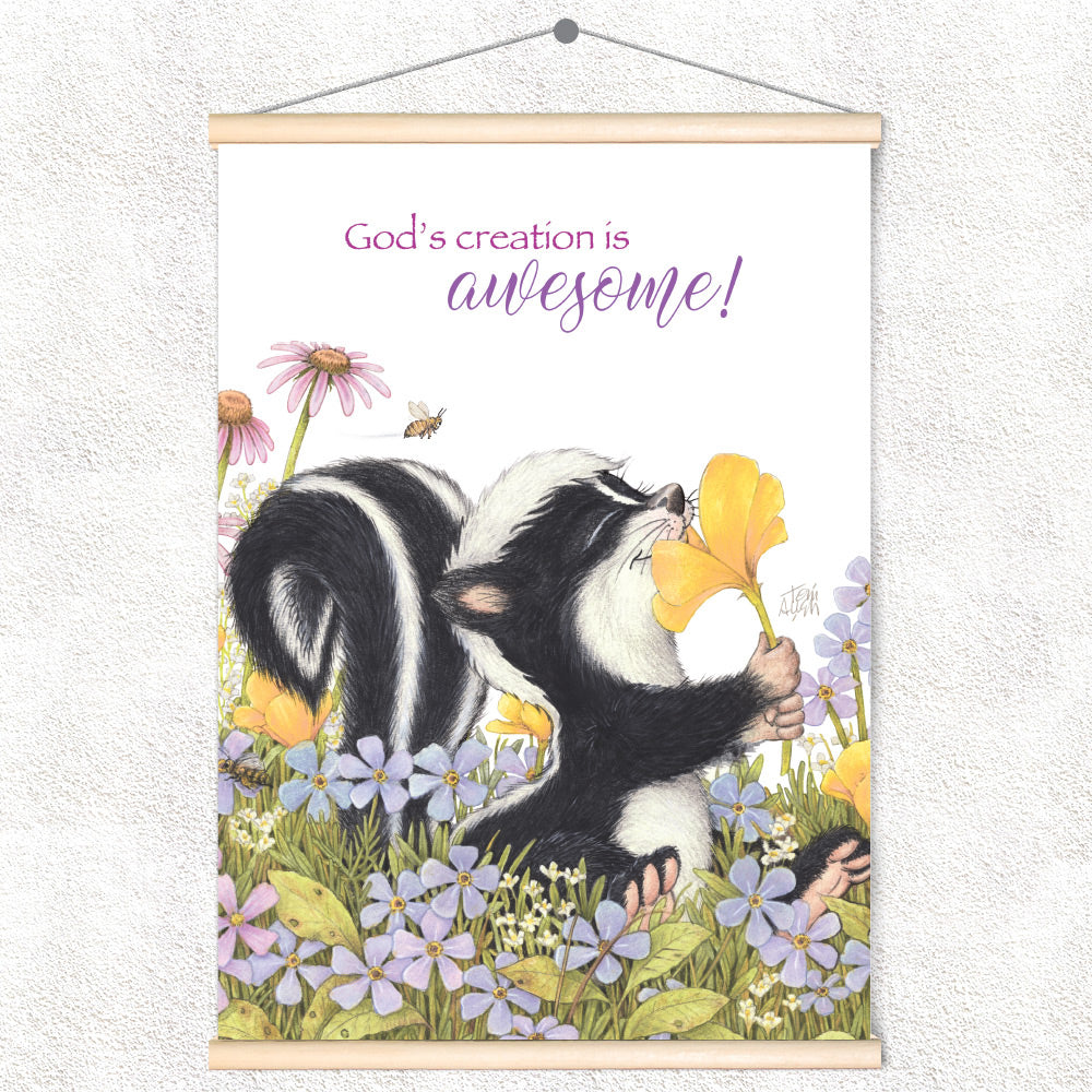Friendly Kritters Wall Art Print - Skunk Smelling Flowers - 17.5x24 - Hand Drawn - Wood Frame Hanger