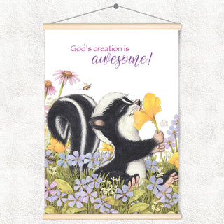 Friendly Kritters Wall Art Print - Skunk Smelling Flowers - 17.5x24 - Hand Drawn - Wood Frame Hanger
