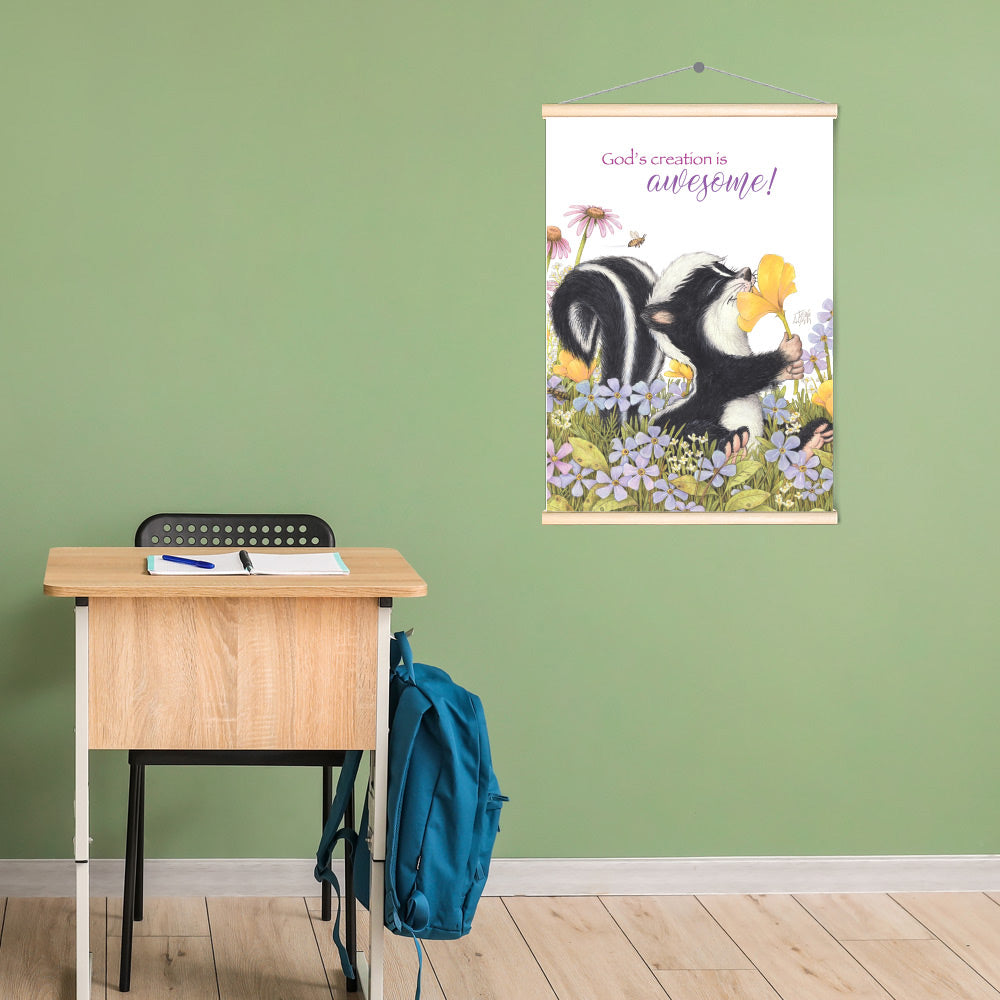 Friendly Kritters Wall Art Print - Skunk Smelling Flowers - 17.5x24 - Hand Drawn - Wood Frame Hanger