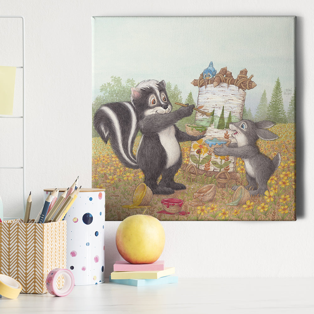 Friendly Kritters Wall Art Print - Skunk and Bunny Rabbit Painting - 16x16 - Hand Drawn - Canvas