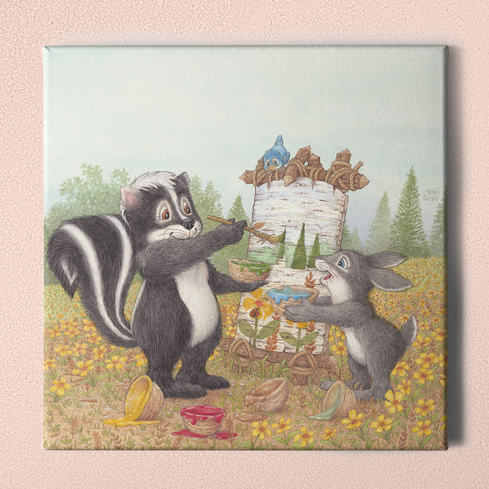 Friendly Kritters Wall Art Print - Skunk and Bunny Rabbit Painting - 16x16 - Hand Drawn - Canvas