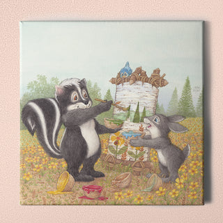 Friendly Kritters Wall Art Print - Skunk and Bunny Rabbit Painting - 16x16 - Hand Drawn - Canvas