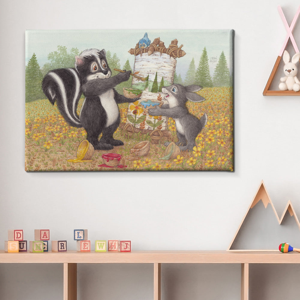 Friendly Kritters Wall Art Print - Skunk and Bunny Rabbit Painting - 24x36 - Hand Drawn - Canvas