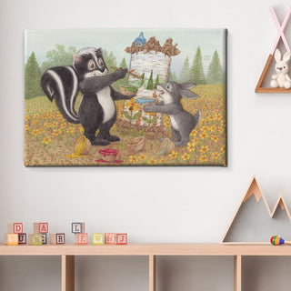 Friendly Kritters Wall Art Print - Skunk and Bunny Rabbit Painting - 24x36 - Hand Drawn - Canvas
