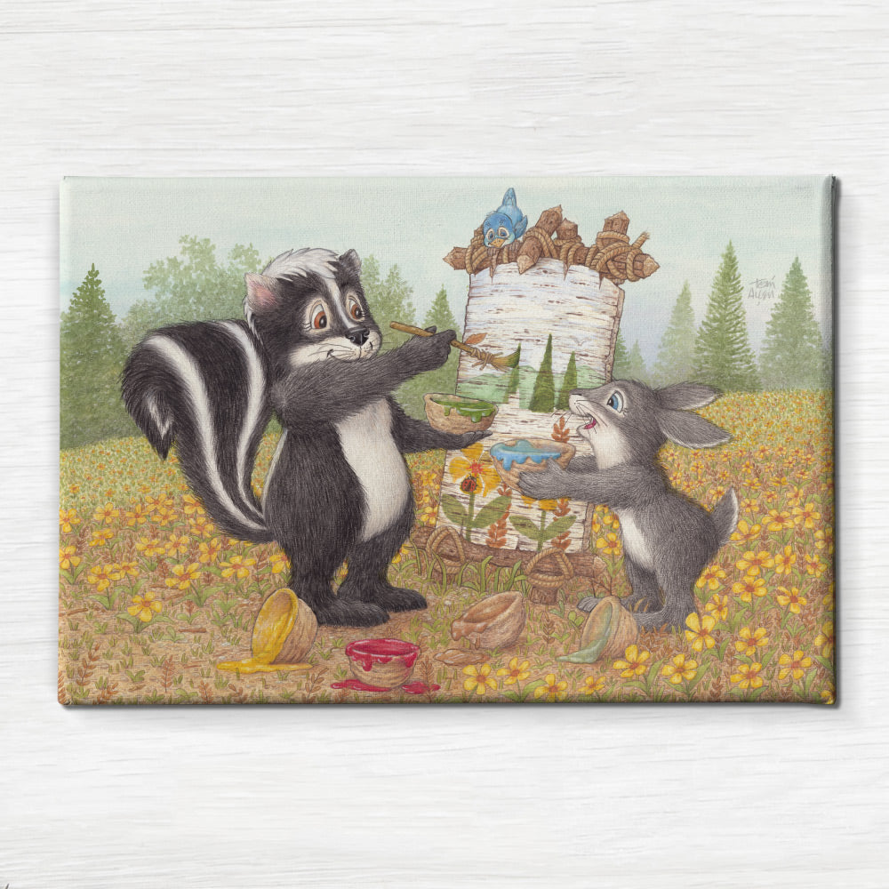 Friendly Kritters Wall Art Print - Skunk and Bunny Rabbit Painting - 24x36 - Hand Drawn - Canvas
