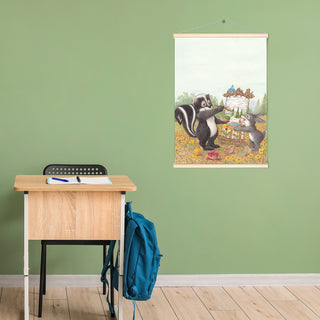 Friendly Kritters Wall Art Print - Skunk and Bunny Rabbit Painting - 17.5x24 - Hand Drawn - Wood Frame Hanger
