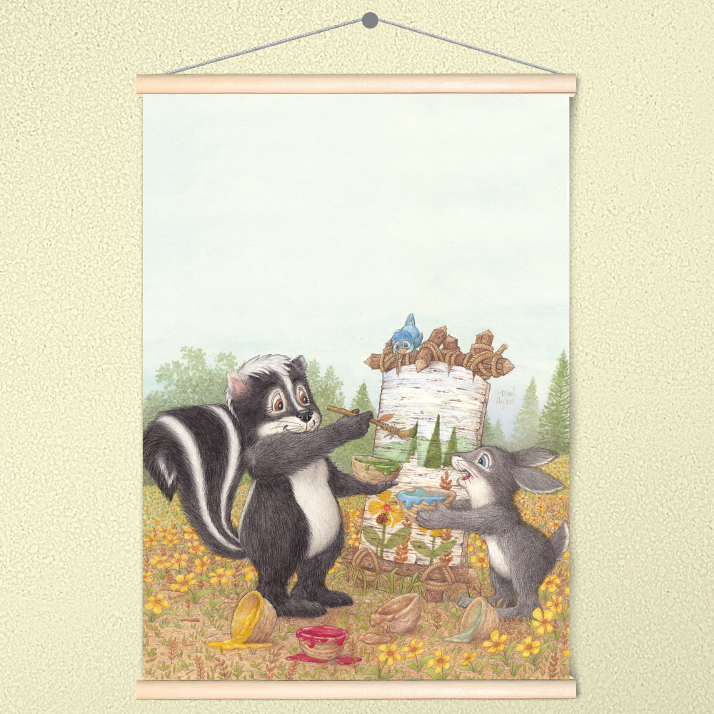 Friendly Kritters Wall Art Print - Skunk and Bunny Rabbit Painting - 17.5x24 - Hand Drawn - Wood Frame Hanger