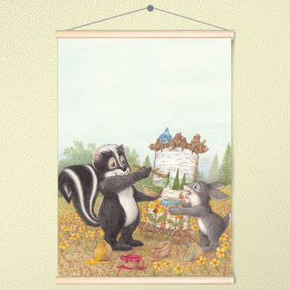 Friendly Kritters Wall Art Print - Skunk and Bunny Rabbit Painting - 17.5x24 - Hand Drawn - Wood Frame Hanger