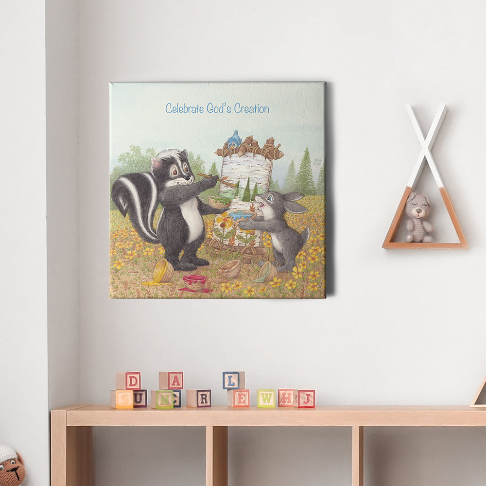 Friendly Kritters Wall Art Print - Skunk and Bunny Rabbit Painting - 16x16 - Hand Drawn - Canvas
