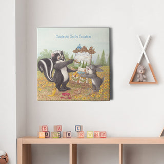 Friendly Kritters Wall Art Print - Skunk and Bunny Rabbit Painting - 16x16 - Hand Drawn - Canvas