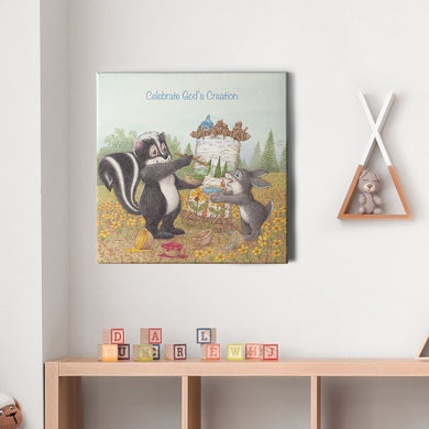 Friendly Kritters Wall Art Print - Skunk and Bunny Rabbit Painting - 16x16 - Hand Drawn - Canvas