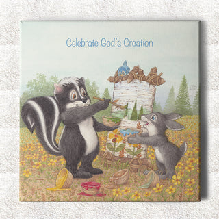 Friendly Kritters Wall Art Print - Skunk and Bunny Rabbit Painting - 16x16 - Hand Drawn - Canvas