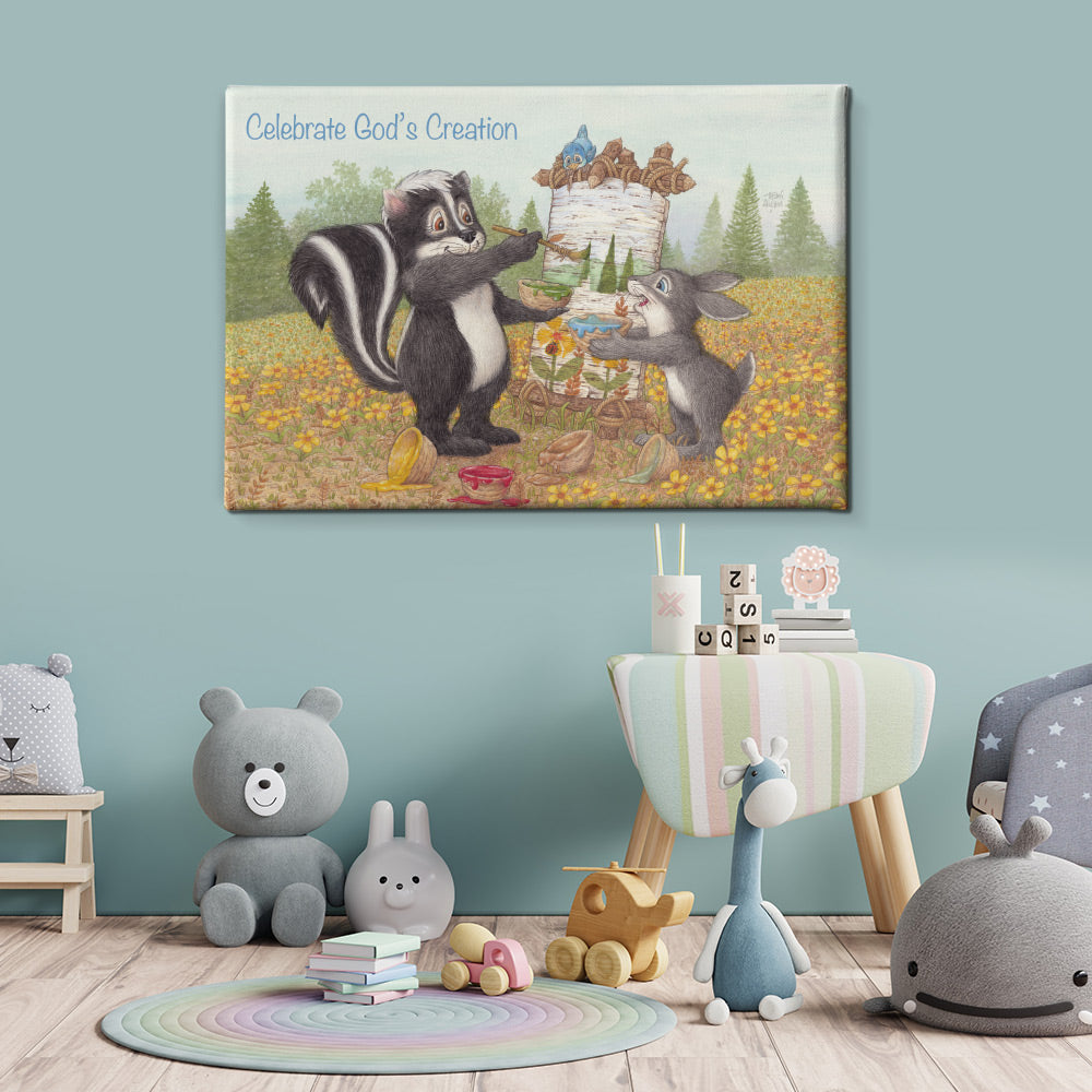 Friendly Kritters Wall Art Print - Skunk and Bunny Rabbit Painting - 24x36 - Hand Drawn - Canvas