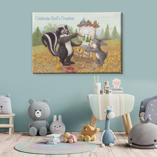 Friendly Kritters Wall Art Print - Skunk and Bunny Rabbit Painting - 24x36 - Hand Drawn - Canvas
