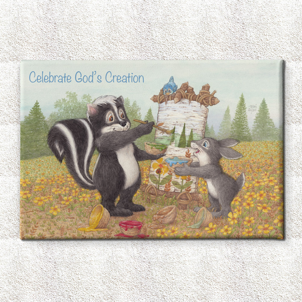 Friendly Kritters Wall Art Print - Skunk and Bunny Rabbit Painting - 24x36 - Hand Drawn - Canvas