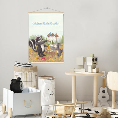 Friendly Kritters Wall Art Print - Skunk and Bunny Rabbit Painting - 17.5x24 - Hand Drawn - Wood Frame Hanger