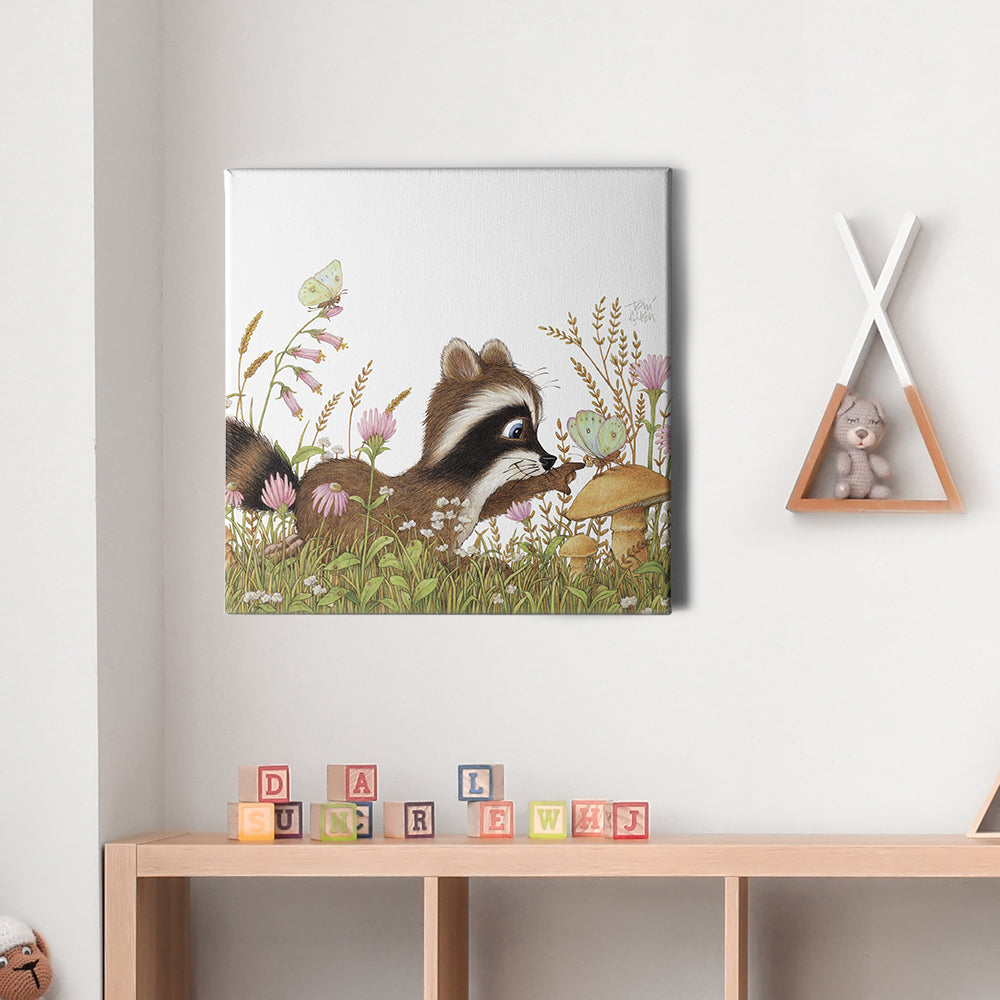 Friendly Kritters Wall Art Print - Racoon and Butterfly in a Field - 16x16 - Hand Drawn - Canvas