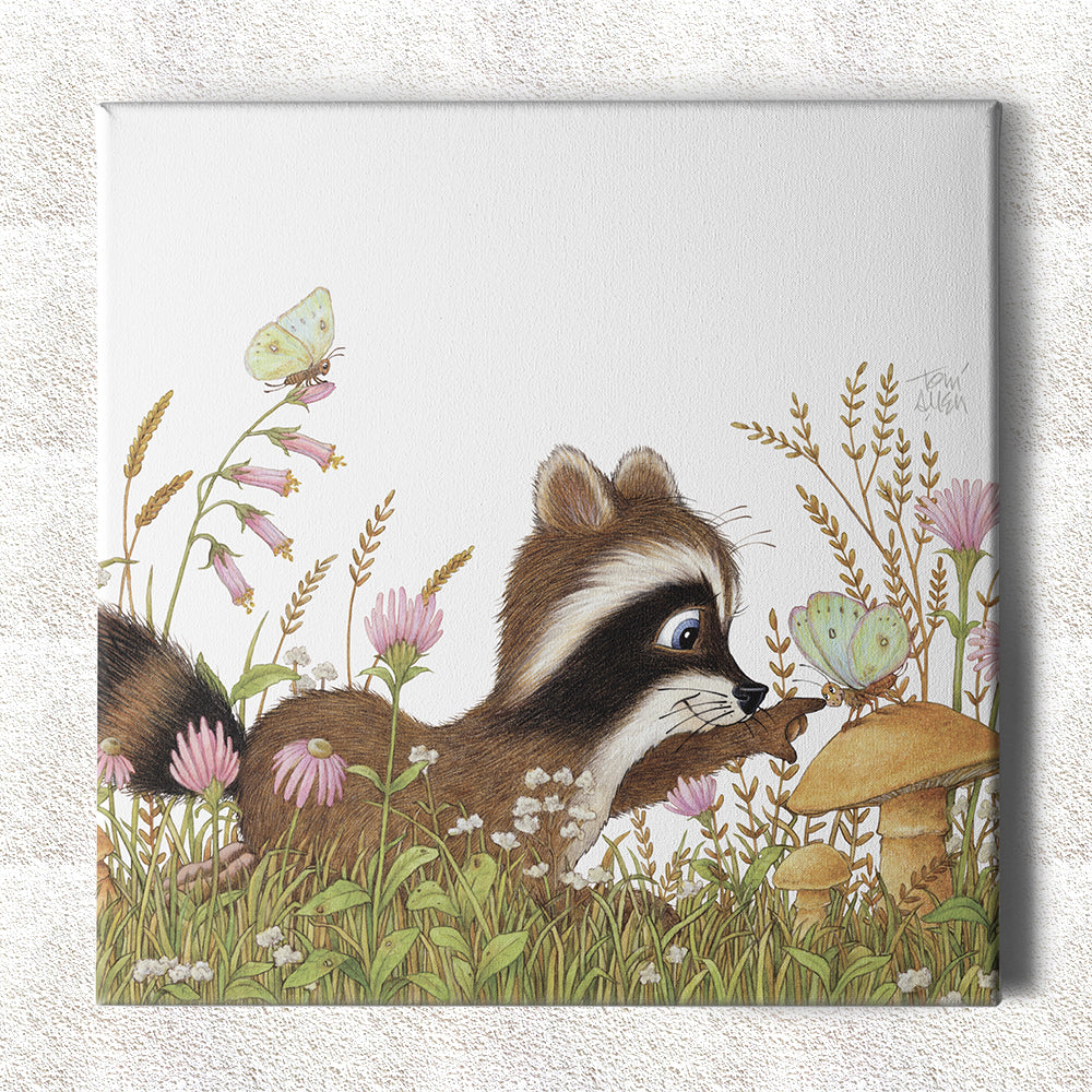 Friendly Kritters Wall Art Print - Racoon and Butterfly in a Field - 16x16 - Hand Drawn - Canvas