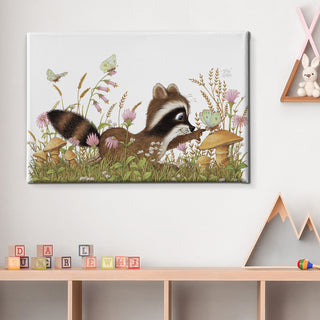Friendly Kritters Wall Art Print - Racoon and Butterfly in a Field - 16x24 - Hand Drawn - Canvas