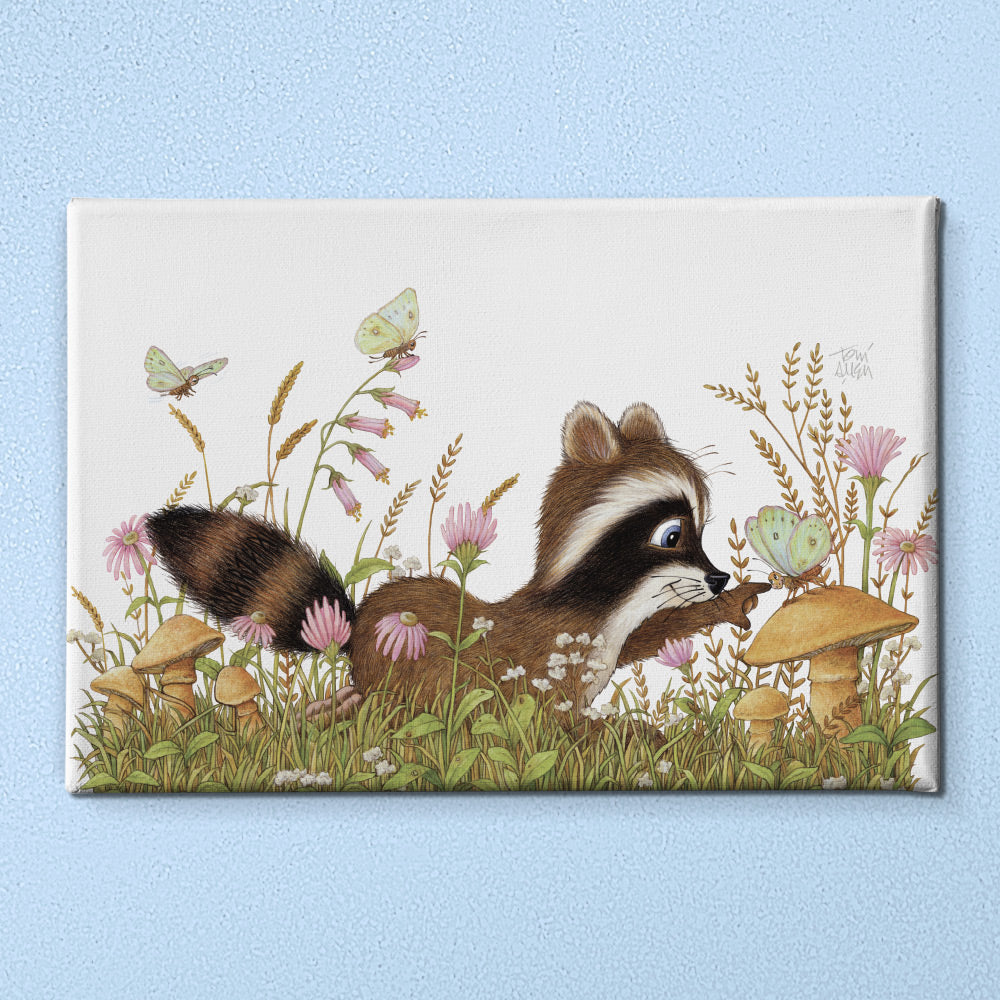 Friendly Kritters Wall Art Print - Racoon and Butterfly in a Field - 16x24 - Hand Drawn - Canvas