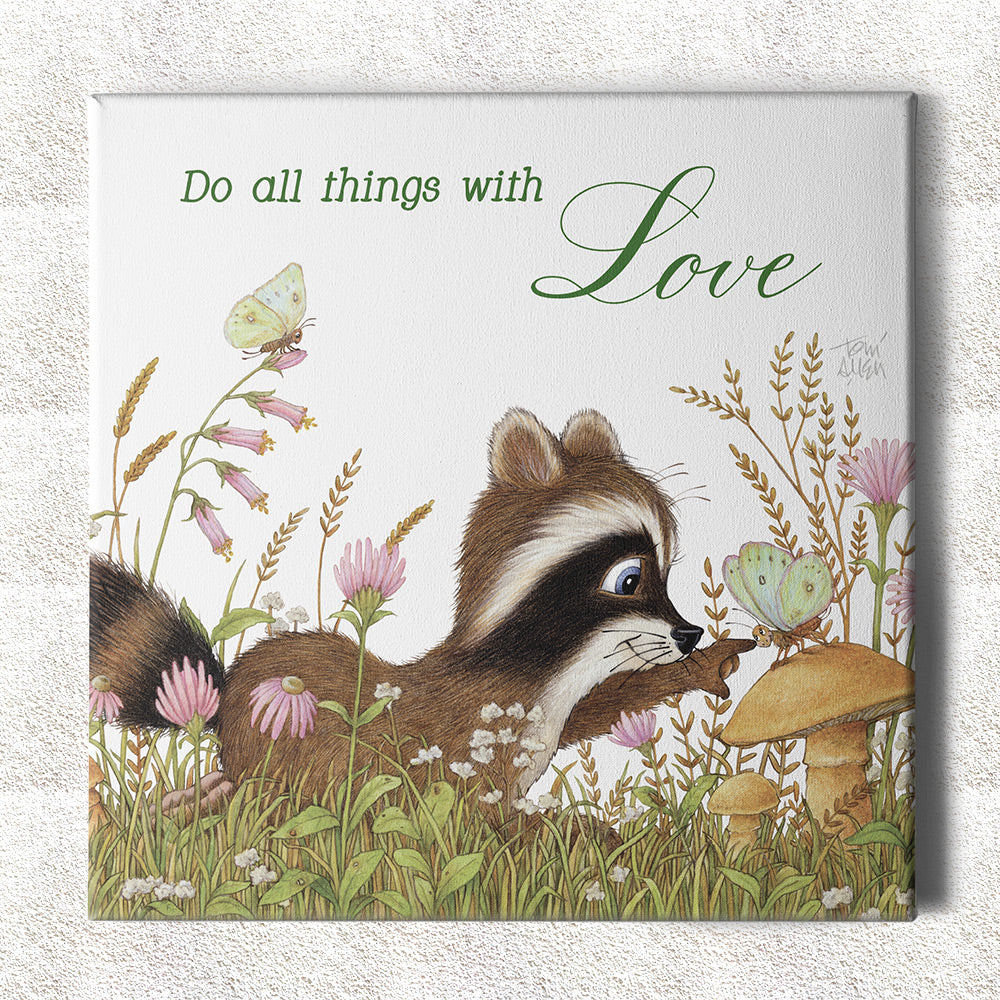 Friendly Kritters Wall Art Print - Racoon and Butterfly in a Field - 16x16 - Hand Drawn - Canvas