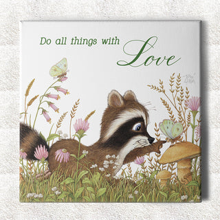 Friendly Kritters Wall Art Print - Racoon and Butterfly in a Field - 16x16 - Hand Drawn - Canvas