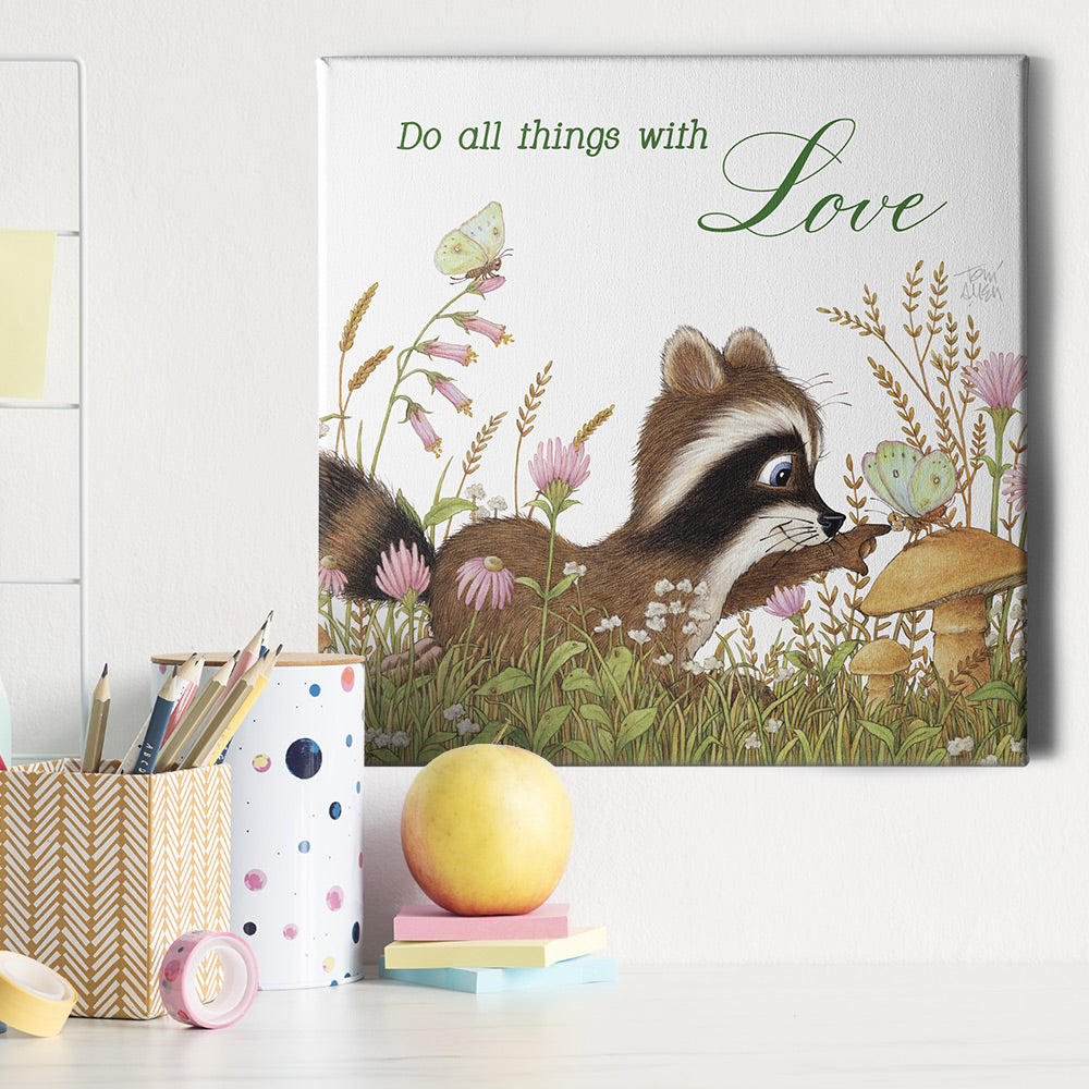 Friendly Kritters Wall Art Print - Racoon and Butterfly in a Field - 16x16 - Hand Drawn - Canvas