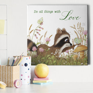 Friendly Kritters Wall Art Print - Racoon and Butterfly in a Field - 16x16 - Hand Drawn - Canvas