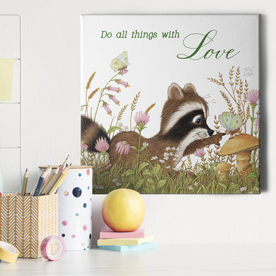 Friendly Kritters Wall Art Print - Racoon and Butterfly in a Field - 16x16 - Hand Drawn - Canvas